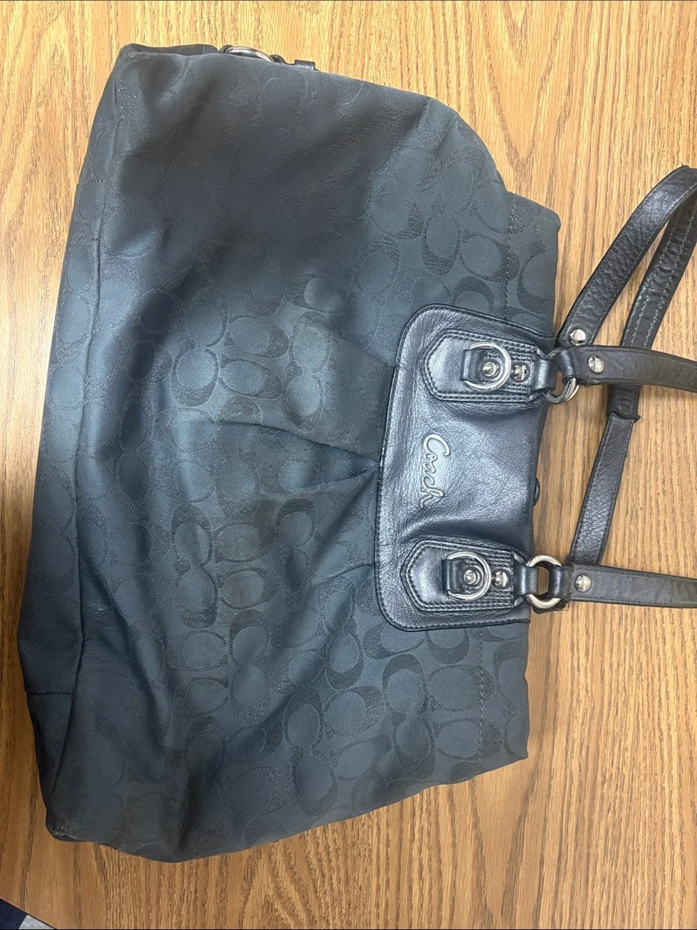 Coach Black Signature Jacquard Tote with Leather Trim
